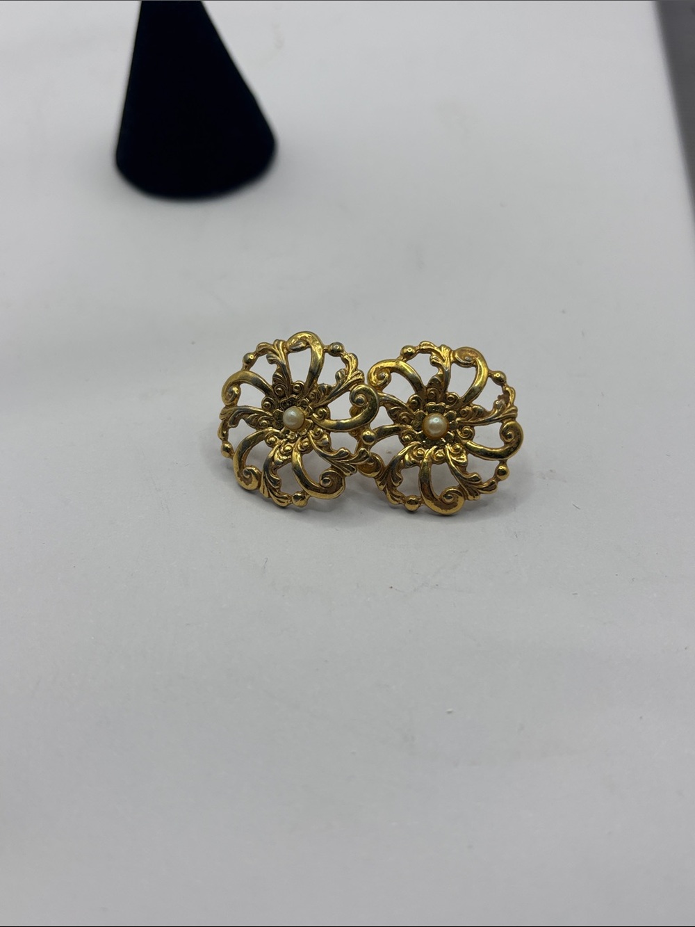 1928 Gold-Tone Filigree Floral Pearl Center Earrings